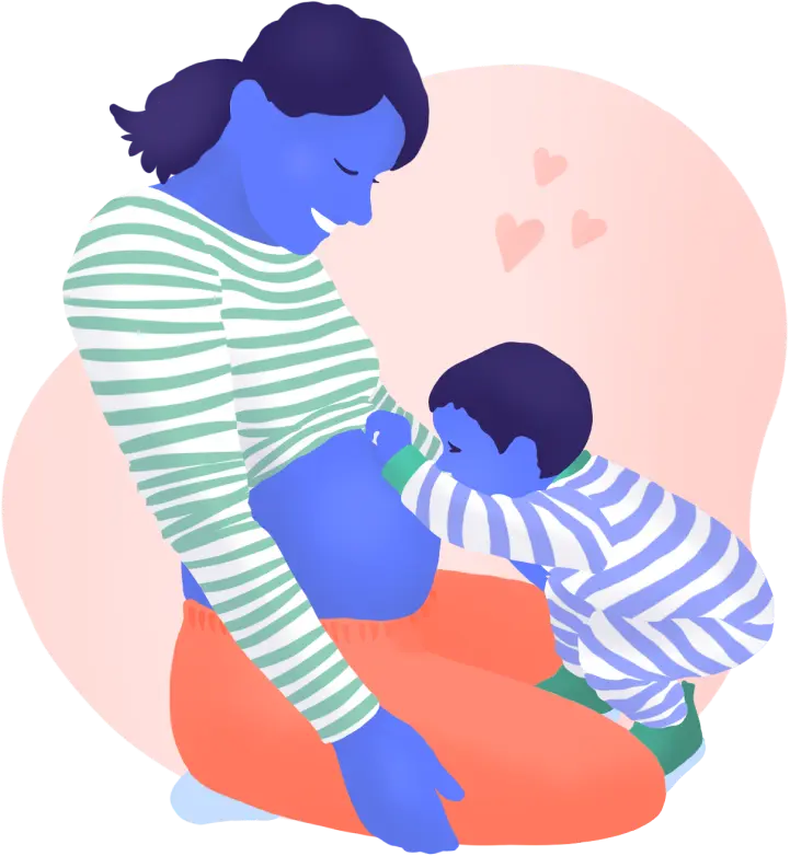 Sketch på en leende gravid kvinna, vars lilla barn fascineras över sin mammas gravidmage