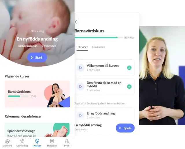 Skärmbilder från Knodd-appen som visar föräldrakursen inom barnavård