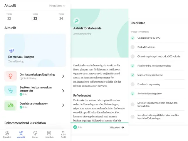 Skärmbilder från Knodd-appen som visar artiklar och checklista för varje vecka i graviditeten
